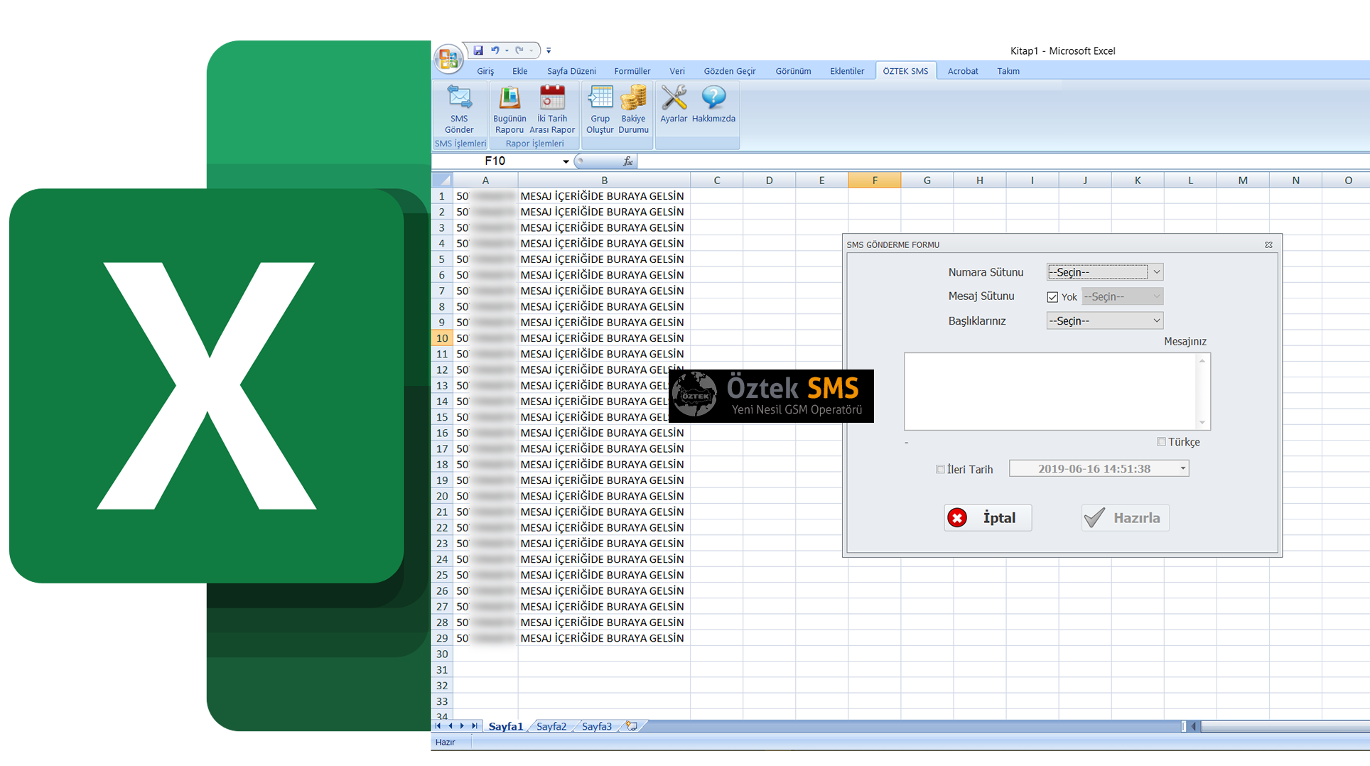Excelden toplu sms gönderme